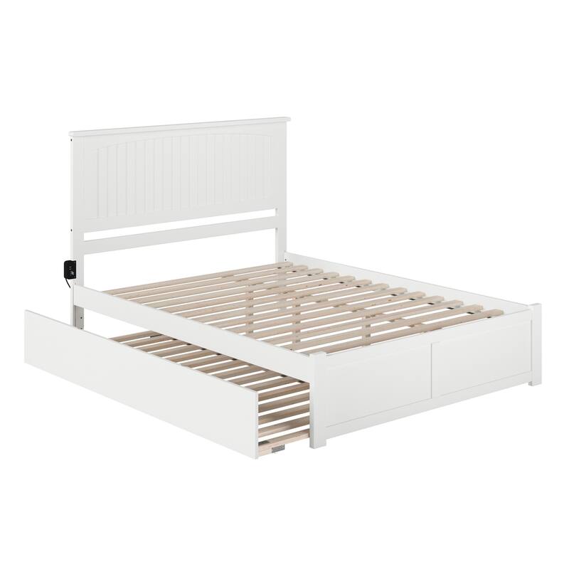 Queen Platform Bed with Footboard, Turbo Charger, and Twin XL Trundle in White for Coastal or Rustic Style