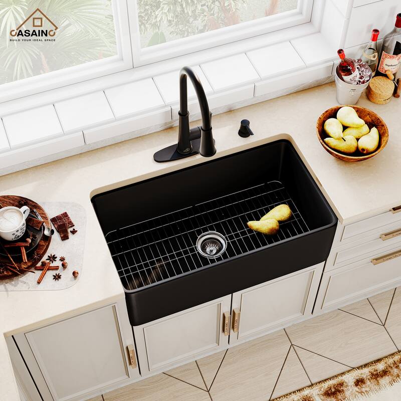 CASAINC All-in-One Kit Farmhouse/Apron-Front Single Bowl Fireclay Kitchen Sink with Kitchen Faucet, Bottom Grid and Strainer - 30 x 18 - Sink + Matte Black Pull Down Kitchen Faucet