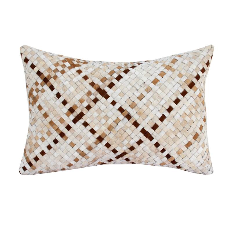 Sevita Ivory/Brown Weaved Faux Leather Lumbar Pillow