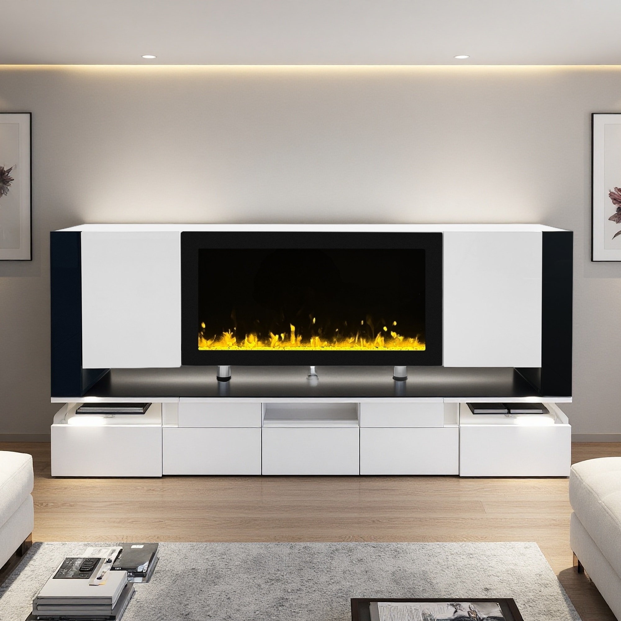 68.1" TV Stand with 34.2" Electric Fireplace, 2 Cabinets, Buffet Table for Living Room or Entryway