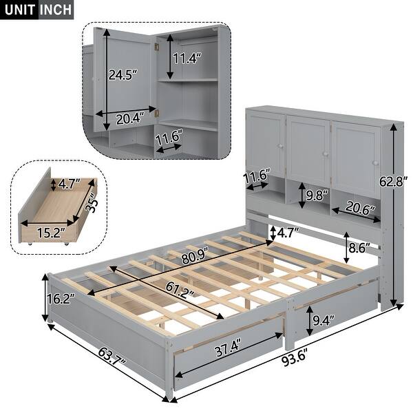 dimension image slide 1 of 2, Queen Size Platform Bed with Storage Headboard and 4-Drawers, Grey