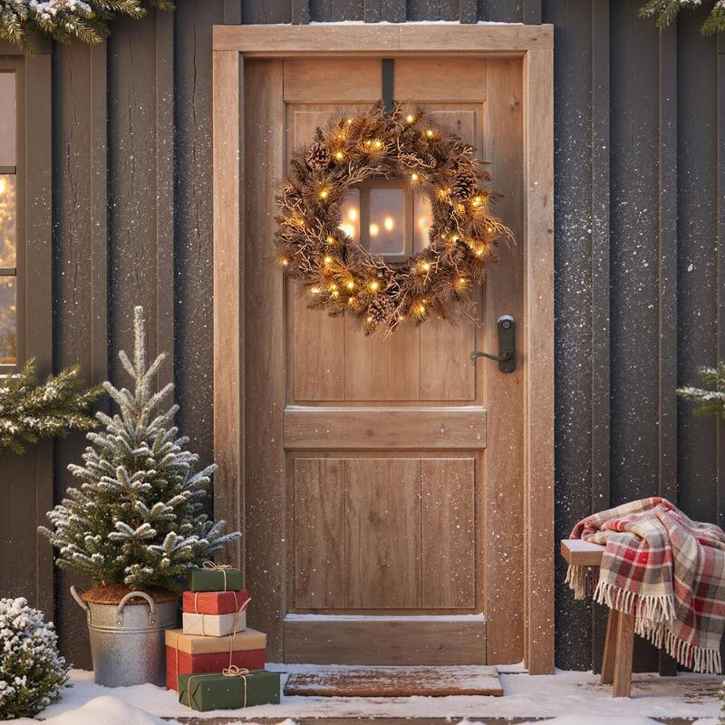 Gymax Set of 2 24'' Pre-lit Christmas Wreath Front Door Artificial