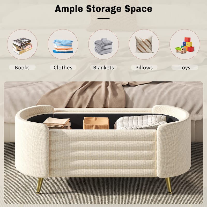 Roomfitters Modern Oval Storage Ottoman Bench, Upholstered Chenille Entryway Shoe Bench, Metal Legs