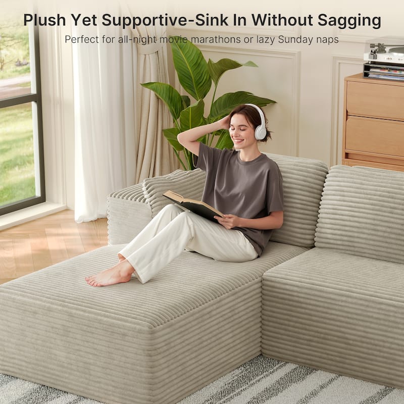 105" Cloud Sectional Couch with L-Shape Chaise, Modular Boneless Sofa, Upholstered Corduroy Couch