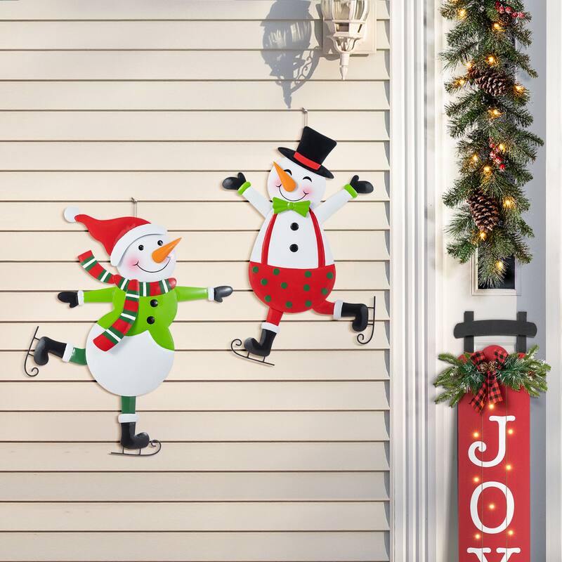 Glitzhome Set of 2 36"H Metal Christmas Skiing Snowmen Yard Stake Wall Decor - Multi