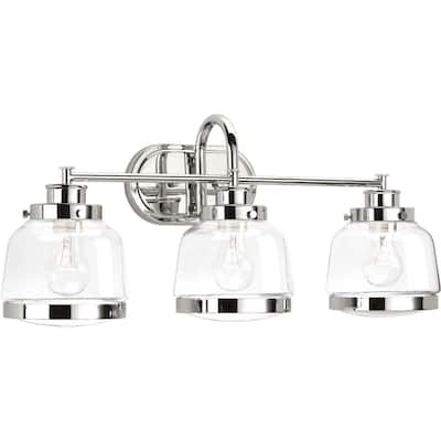 Judson Collection Three-Light Polished Nickel Clear Glass Farmhouse Bath Vanity Light - 11.25" x 26" x 8.5"