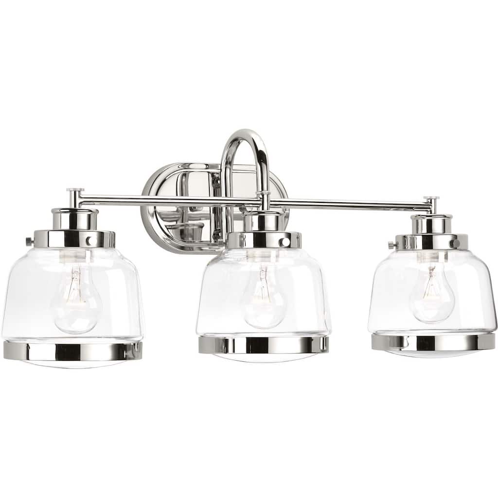 Judson Collection Three-Light Polished Nickel Clear Glass Farmhouse Bath Vanity Light - 11.25" x 26" x 8.5"