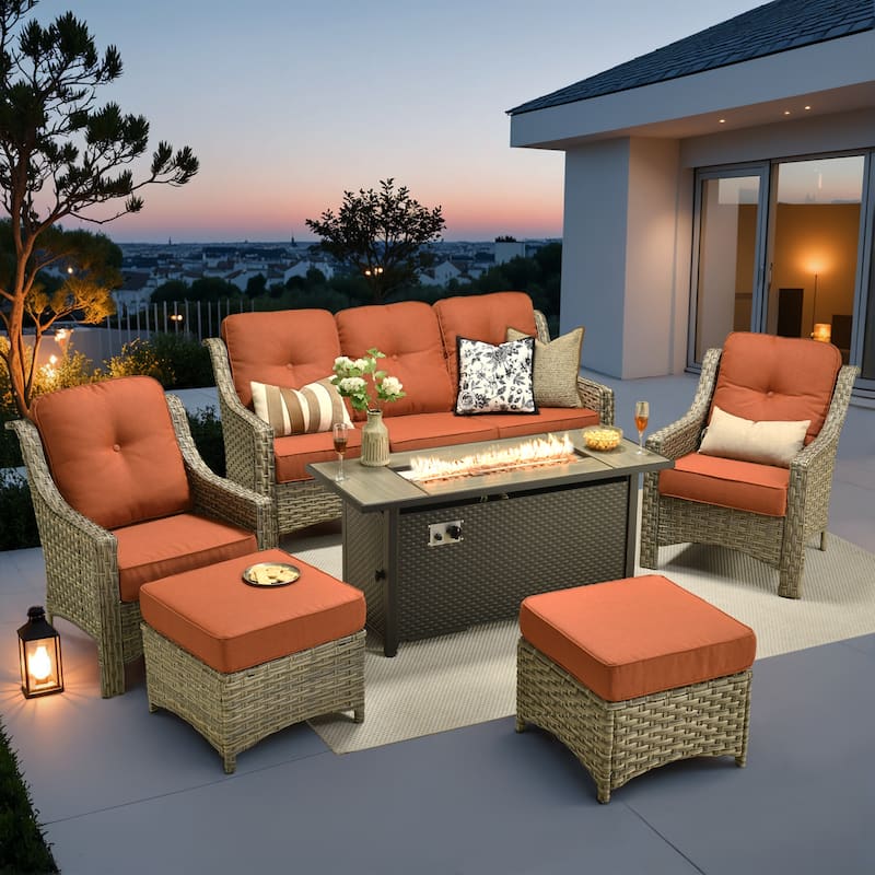 XIZZI 7-Piece Patio Seating Set with Cushions and Fire Pit Table - Red