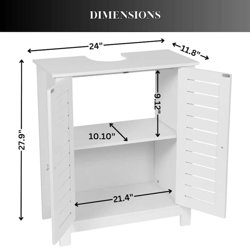 Santorin White Bathroom Vanity Under Sink Cabinet with U-Shaped Cut-Out, Double Vented Doors - 24"L x 11.8"D x 27.9"H