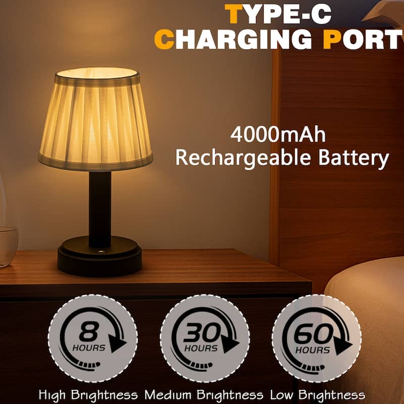 11'' Vintage Rechargeable Cordless LED Table Lamp Touch Control Mini Desk Lamp with Fabric Shade for Bedroom Living Room(2 Pack)