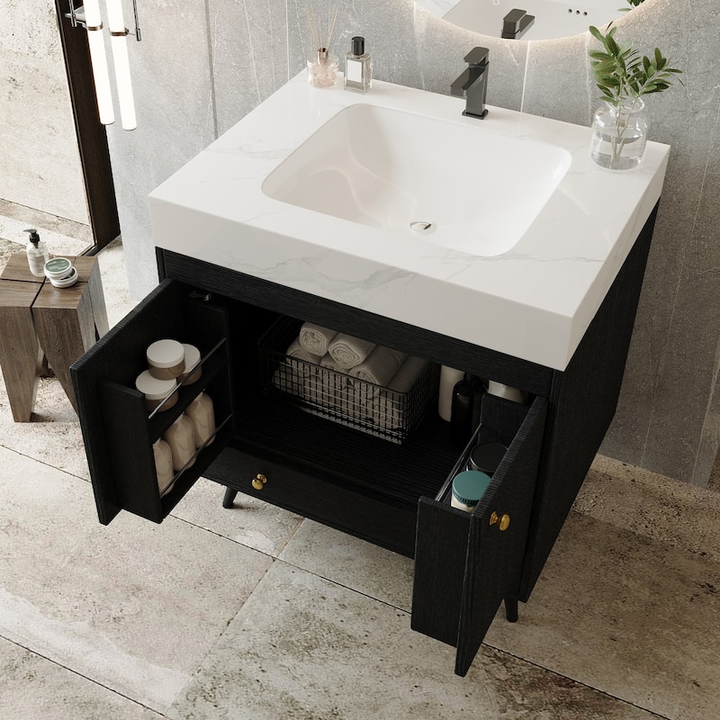 Contemporary 30" Freestanding Bathroom Vanity with Faux Marble Top & Ceramic Sink, Double Door Cabinet