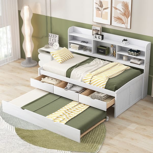 slide 2 of 15, Twin Size Wooden Captain Bed with Built-in Bookshelves, 3-Storage Drawers & Trundle, White Wash - Classic Style White