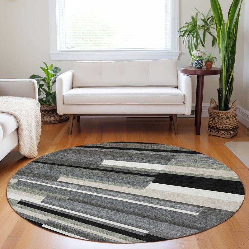 Premium Washable Super Soft Stripes Stacked Mayfield Rug - Black - 8' x 8' - Round