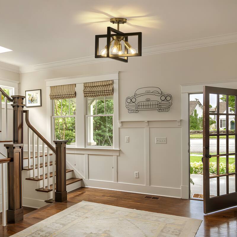 4-Light Farmhouse Semi-Flush Mount Light with Rustic Accent Square Cage for Dining Room