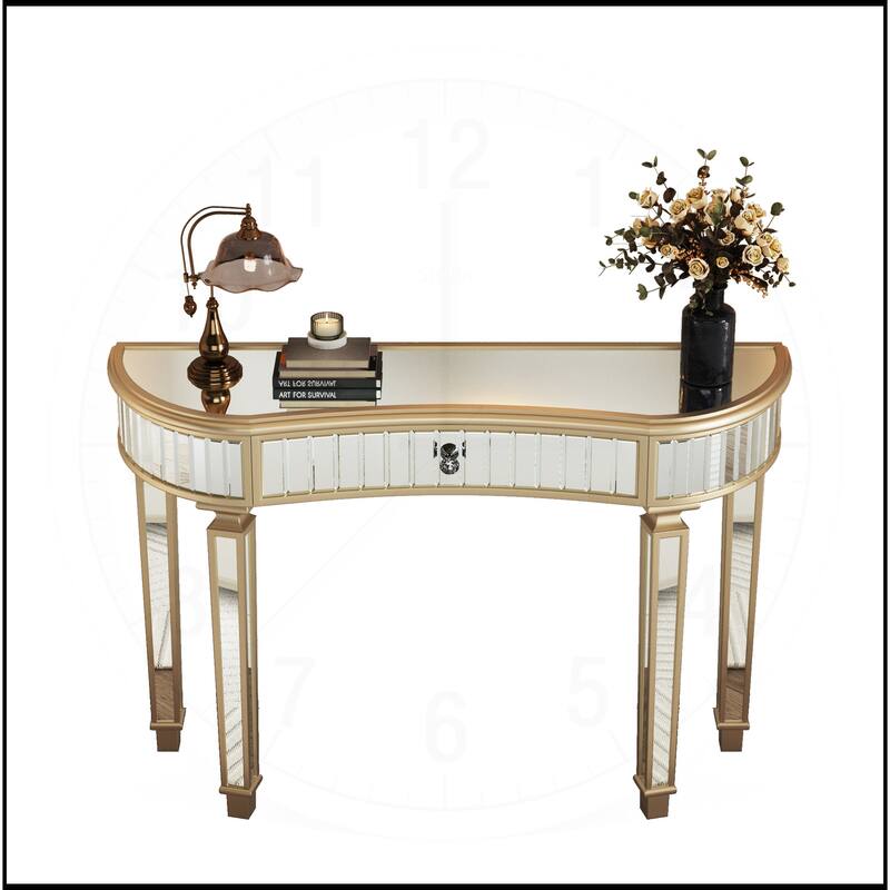 47" Half-Moon Mirrored Console Table with Fluted Glass