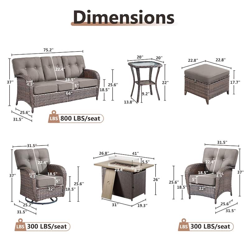 TWrap Wicker Patio Fire Pit Conversation Set with 3-Seat Sofa & Swivel Gliders & Armchairs