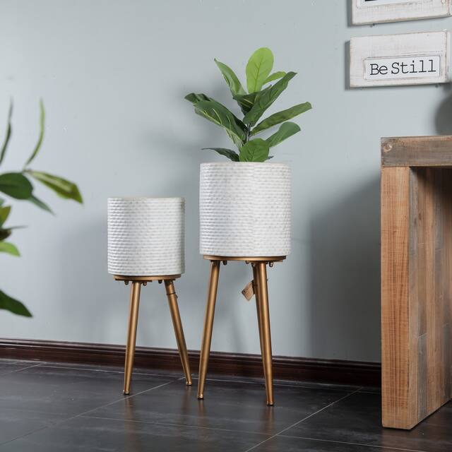 Distressed White Cachepot Planters with Bronze Metal Stands (Set of 2)
