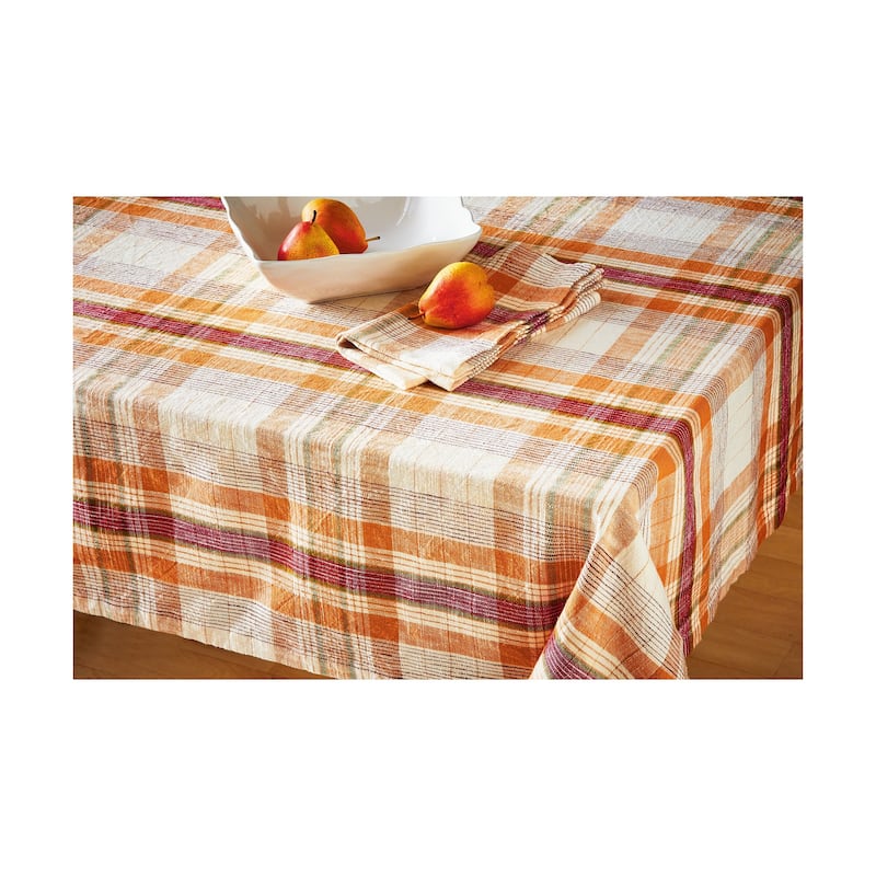 Eva Slub Weave Harvest Fall Orange Cotton Plaid Tablecloth, 84"L x 60"W x 125"H - 60 x 84