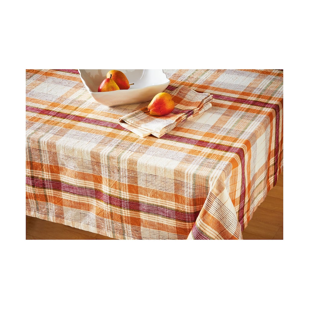 Eva Slub Weave Harvest Fall Orange Cotton Plaid Tablecloth, 84"L x 60"W x 125"H - 60 x 84