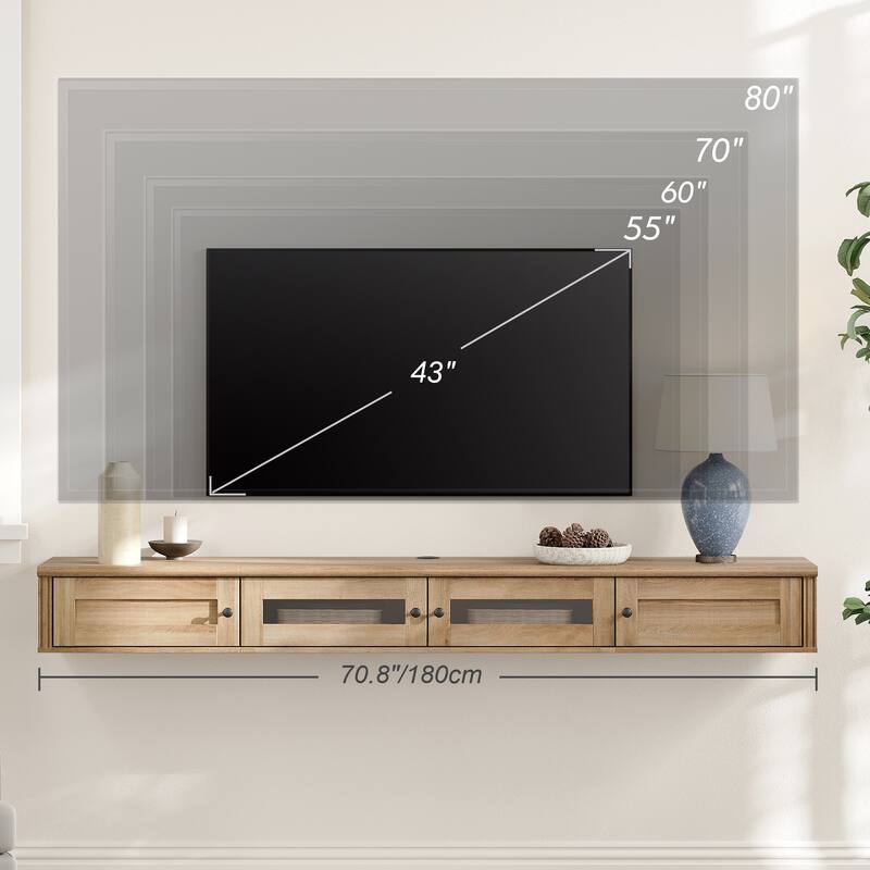 WAMPAT Floating TV Stand for TVs up to 80 Inches, Wall-Mounted Wooden TV Shelf with Built-in Charging Station