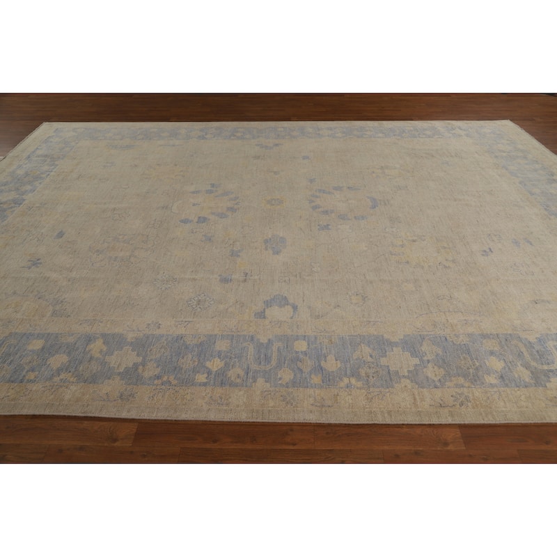 Hand Knotted Oriental 100% Wool Carpet Transitional All-Over Beige & Ivories Oushak Area Rug - 12' 4'' X 9' 2''