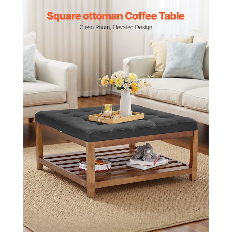 Dark Gray Square Ottoman Coffee Table with Storage Tufted Linen Upholstered Bench Footrest 400 lbs Capacity