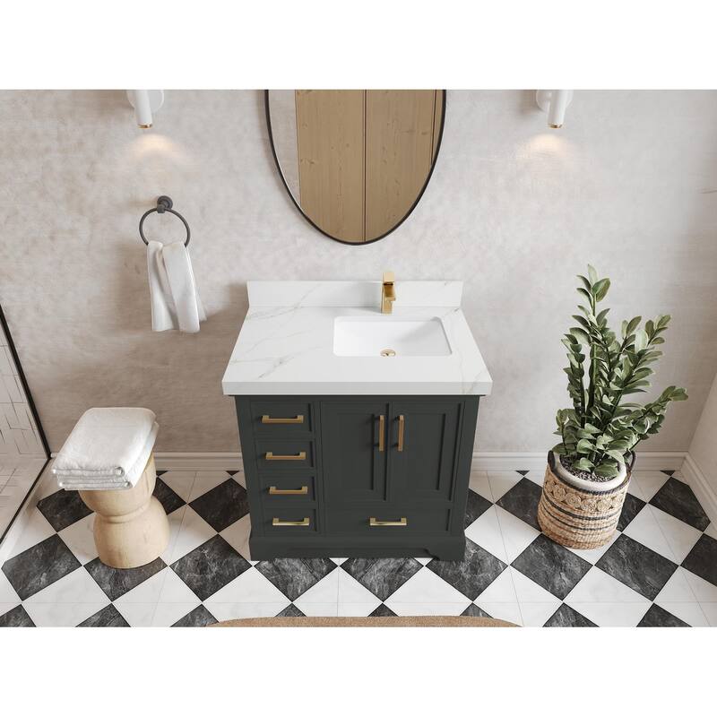 Willow Collections 36 x 22 Charlotte D Right Offset Sink Bathroom Vanity with Countertop - 2" Calacatta Sienna -  Black Top