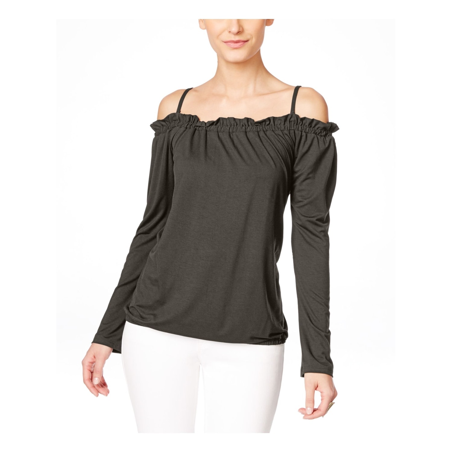 INC Womens Black Long Sleeve Square Neck Top Size: S