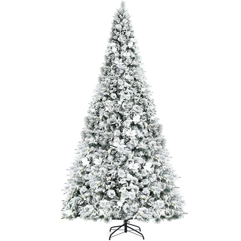 Costway 8ft Snow Flocked Hinged Christmas Tree w/ Berries & Poinsettia - See details - White - 8 Foot
