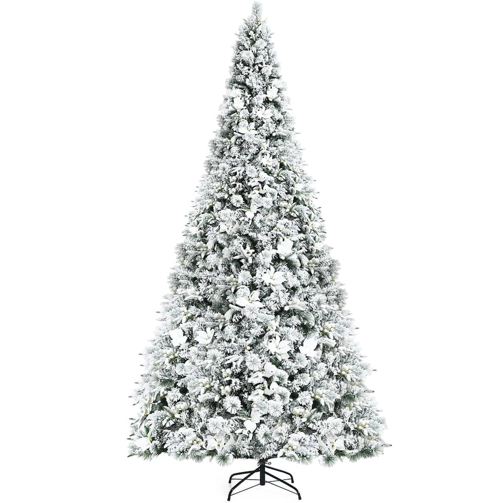 Costway 8ft Snow Flocked Hinged Christmas Tree w/ Berries & Poinsettia - See details