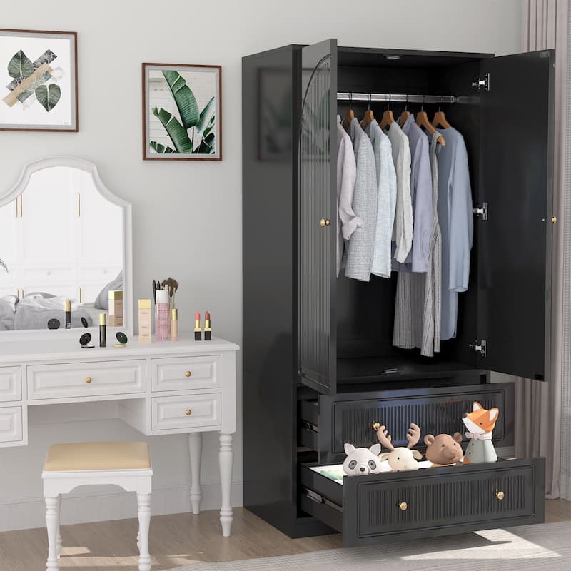 Gymojoy 71" Wardrobe Closet with 2 Doors & 2 Drawers, Modern White Wooden Armoire with Hanging Rod & Gold Handles