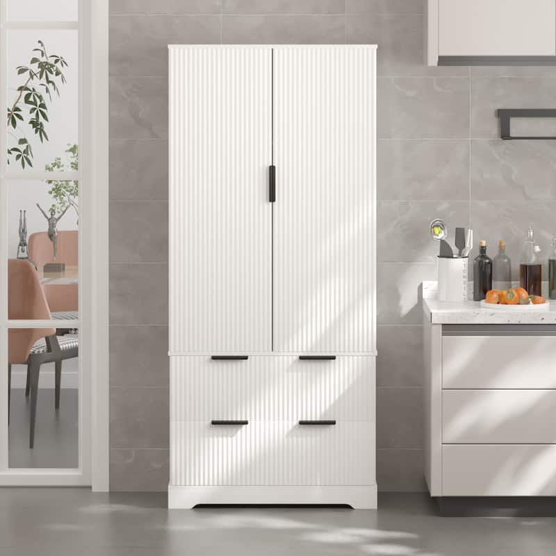 72"H Modern Fluted Kitchen Pantry Cabinet with 8-Door Spice Rack - White