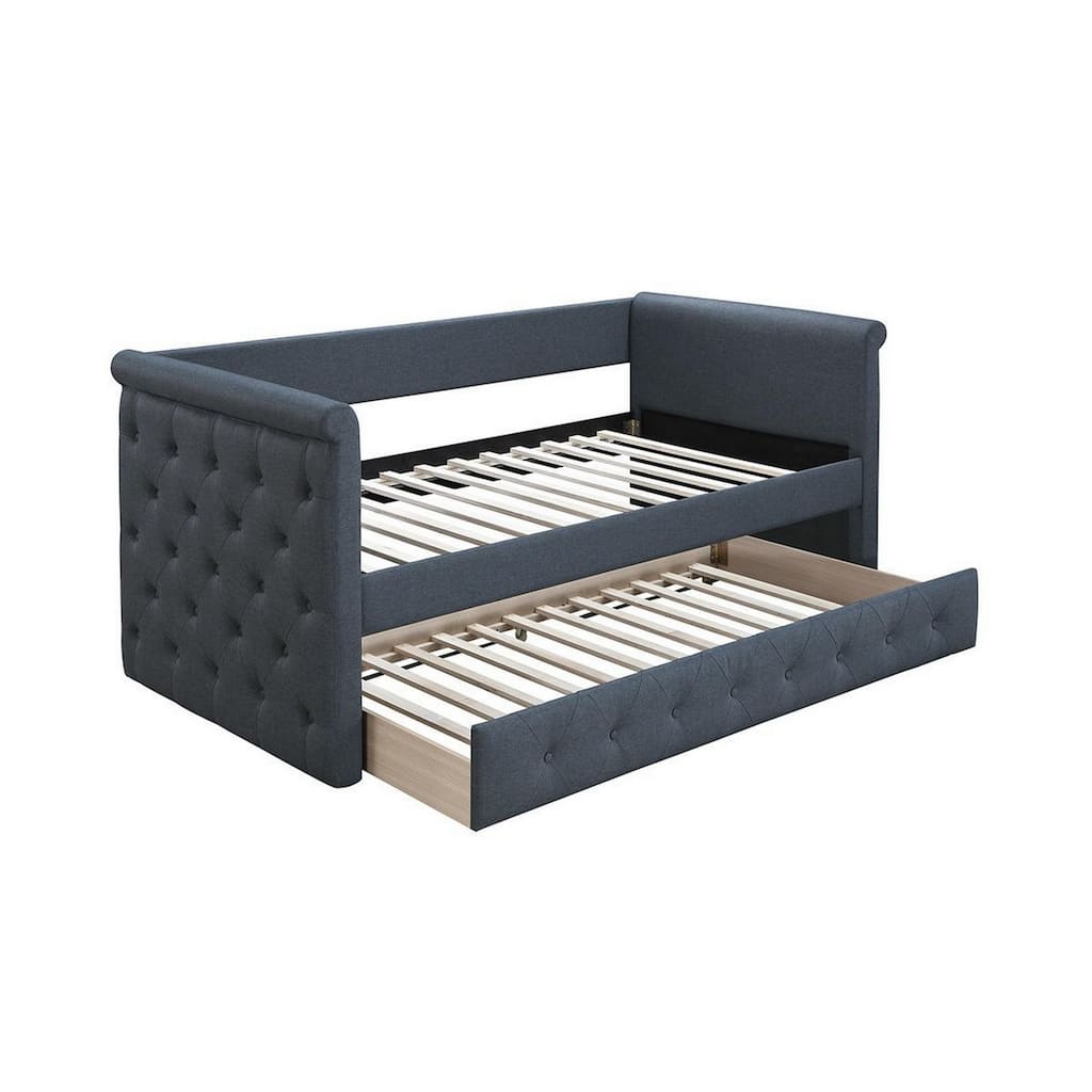 Edra Classic Upholstered Day Bed with Trundle, Tufted Charcoal Gray Burlap
