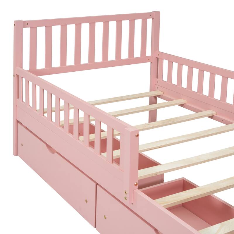 Wood Bed with Guardrails and Two Storage Drawers