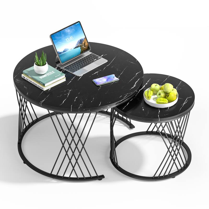 Anmytek Round Nesting Coffee Table Set of 2, White Modern End Tables Living Room Faux Marble Sofa Beside Table - Black & Gold