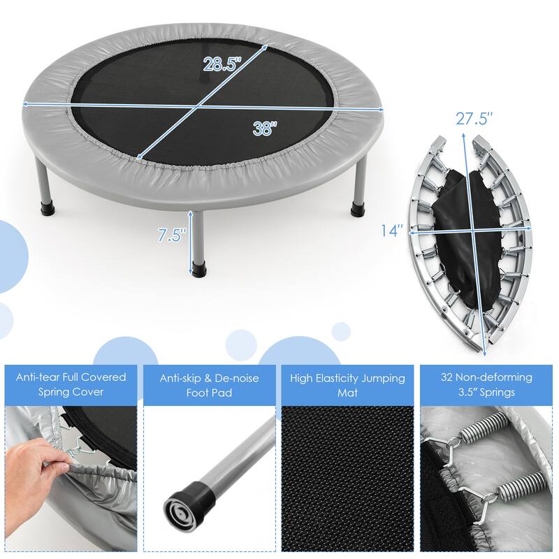 38" Foldable Trampoline with PP Jumping Mat and Anti-Scratch PVC Padding for Safety - 38"φ x 7.5"