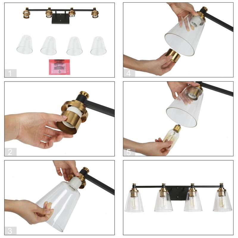 4-Light Modern Black Gold Bathroom Vanity Lights Glass Wall Sconces