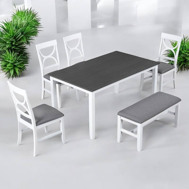 6-Piece Solid Wood Farmhouse Dining Table Set with 4 Chairs and Upholstered Bench, Stylish Rustic Dining Room Set