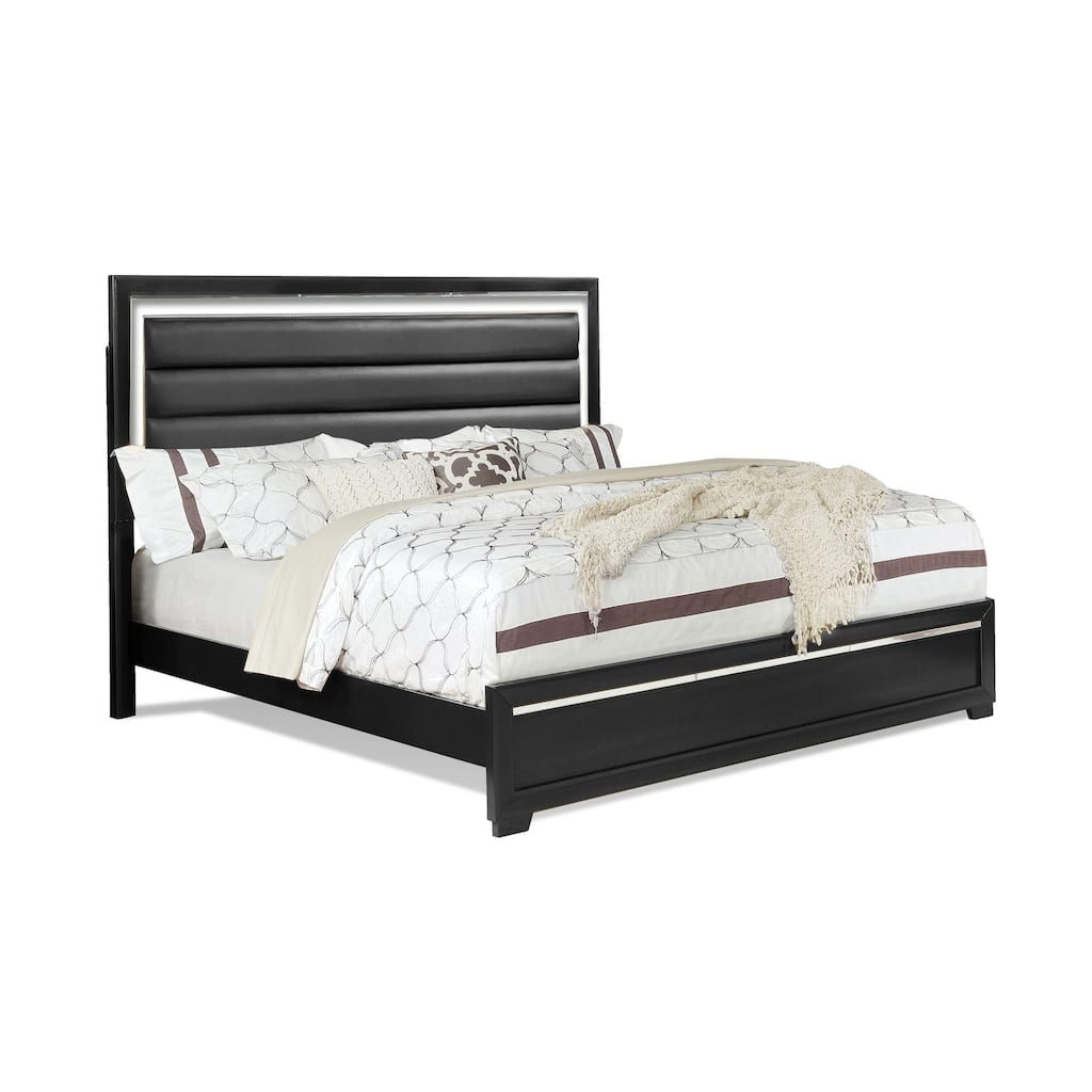 Pandora Modern Bedframe with Faux Leather Tufted Headboard & LED Lights, Queen