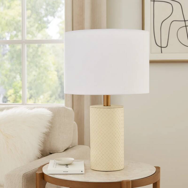 Myn Table Lamp, 18 Inch, White Linen Drum Shade, Cream Leather Base