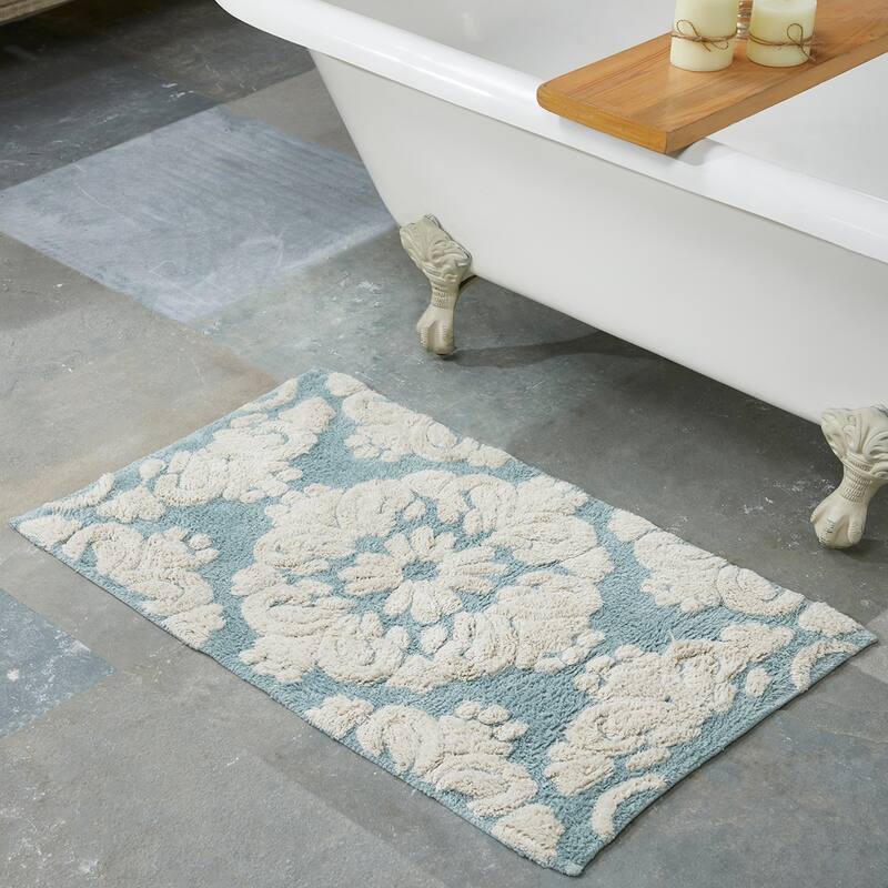 Better Trends Medallion Collection 100% Cotton 3-Pc Set Bathroom Rugs-Soft & Super Absorbent, Non-Skid Latex, Machine Washable - 3 Piece Set (17" x 24" | 20" x 20" | 21" x 34") - Blue & Natural