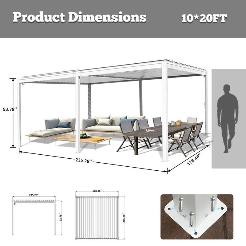 Louvered Pergola 10X20FT, Aluminum Pergola with Adjustable Roof