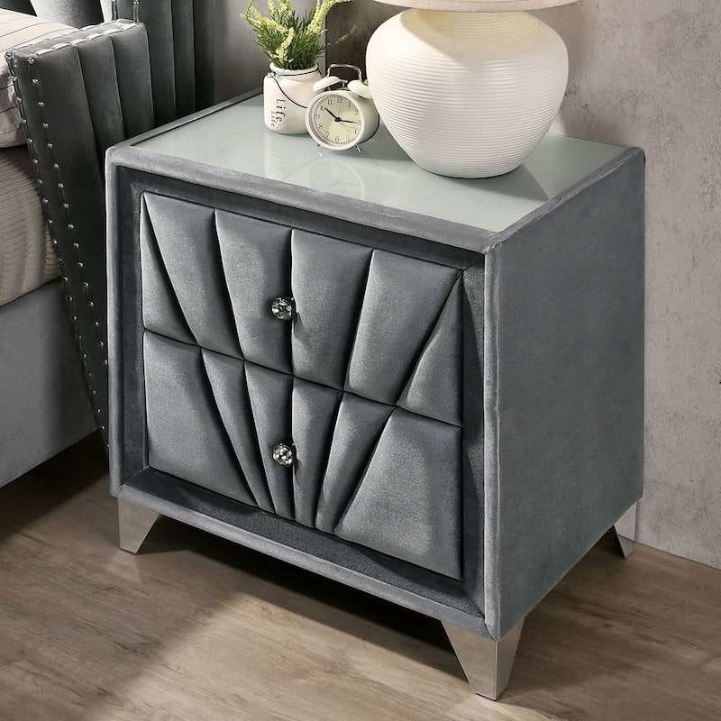 Fabric Upholstered Nightstand with Chrome Legs, Decorative Table with Glass Top, Sofa Side Table with 2 Drawers