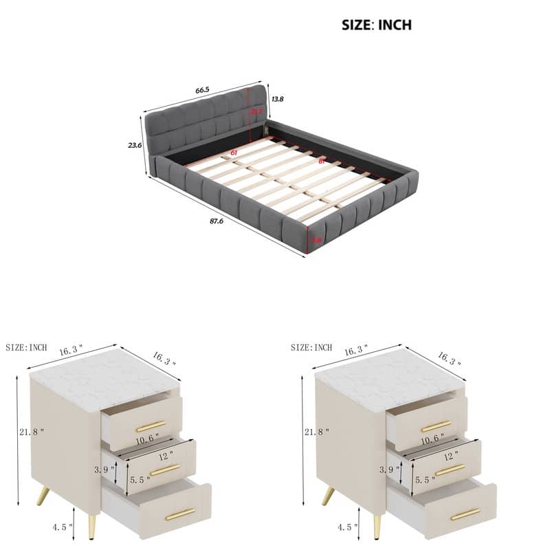 3-Pieces Bedroom Sets, Queen Size Upholstered Platform Bed with Thick Fabric ,and Two Nightstands with Metal Legs&Handles