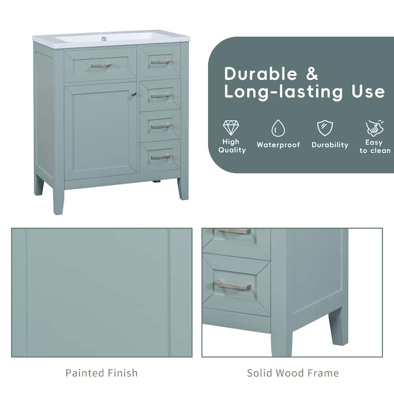 30" Bathroom Vanity with Sink Combo, Green Bathroom Cabinet with Drawers, Solid Frame and MDF Board