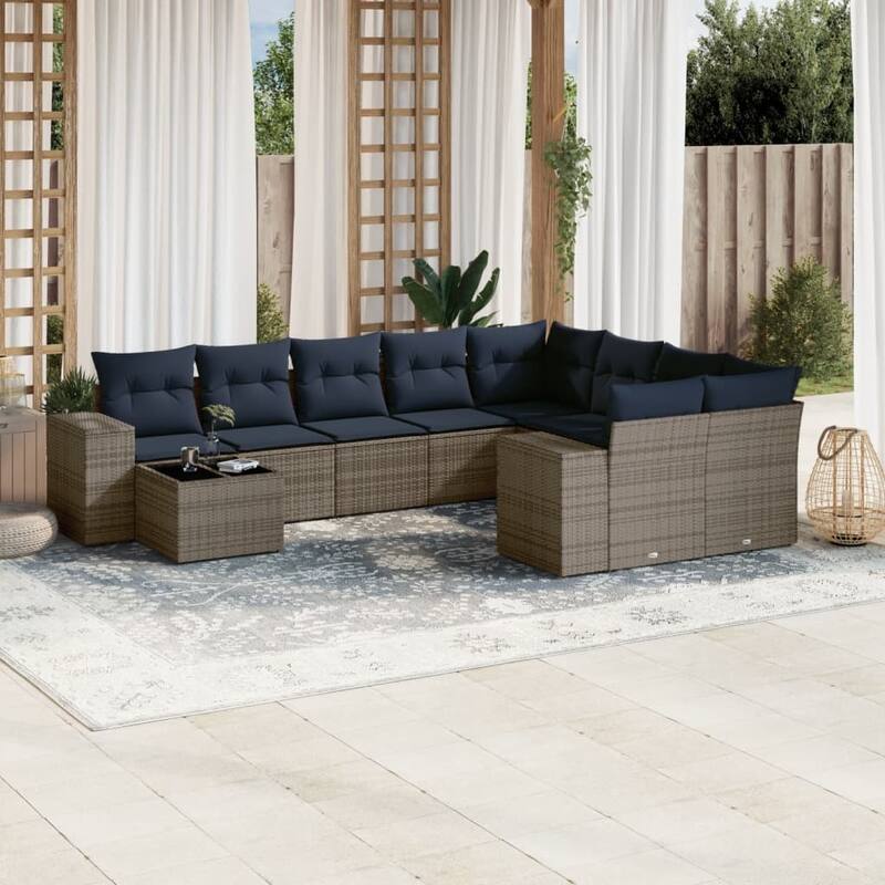 vidaXL 10 Piece Patio Sofa Set with Cushions Black/Brown/Gray Poly Rattan - 24.4 x 24.4 x 27.2