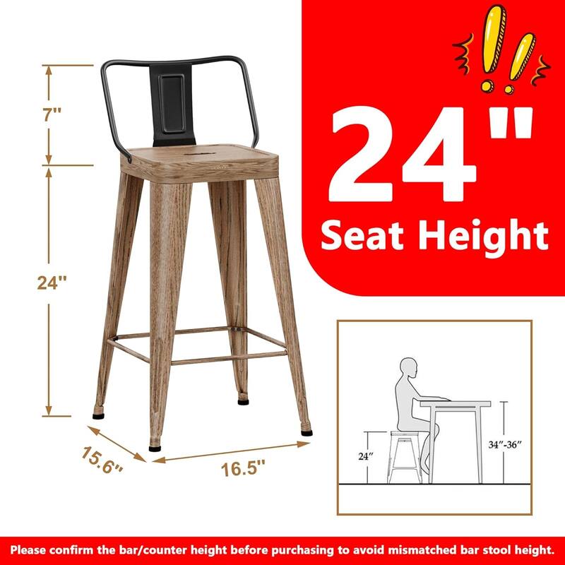 Metal Counter Stools Set of 4 Counter Height Bar Stools 24" Height Barstools with Metal Frame and Low Back