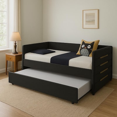 Black Velvet Upholstered Daybed with Gold Accent Strips & Trundle, Twin Sofa Bed for Bedroom, Livingroom, No Box Spring Required