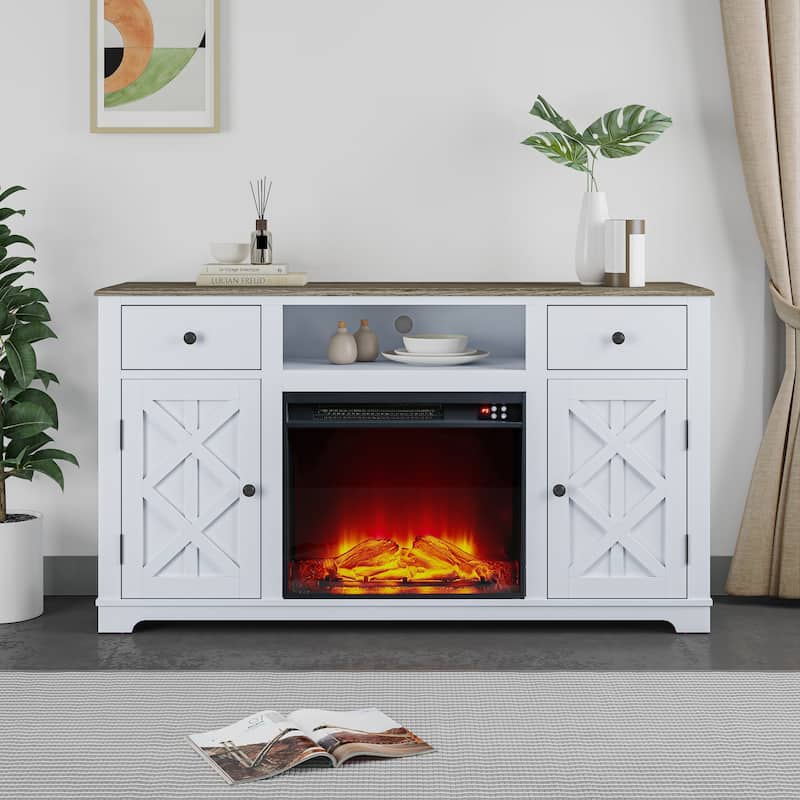 Farmhouse TV Stand with Fireplace for up to 65" TV - 60"W x 33"H x 15.5"D - Grayish-white