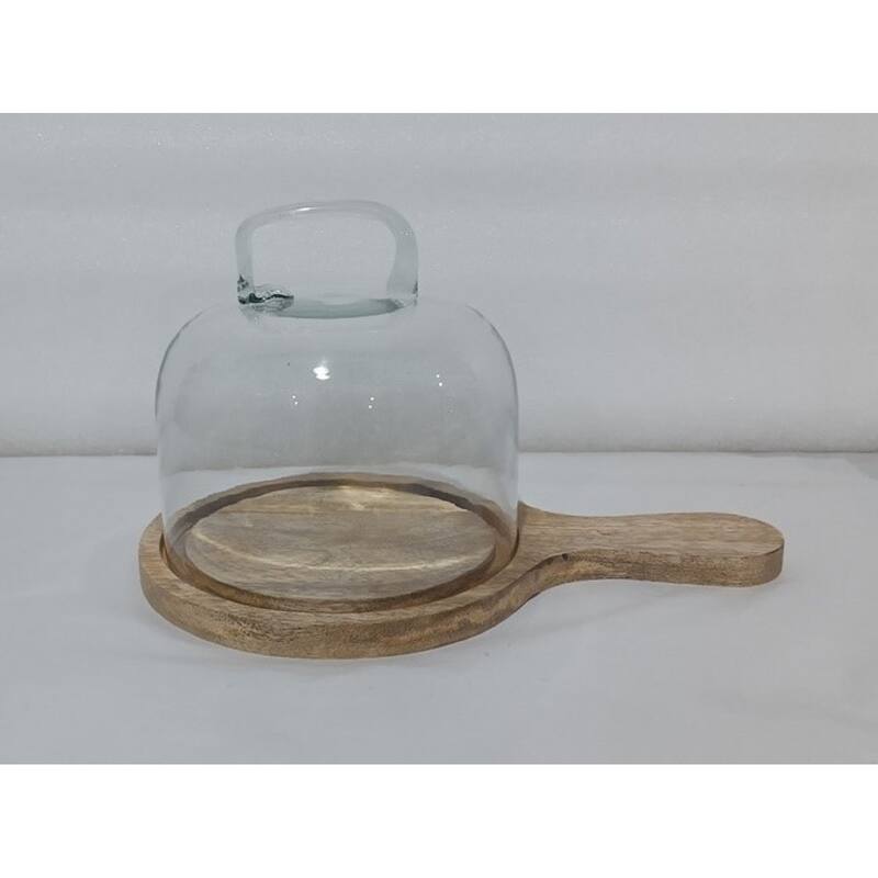 Cake Cover Glass & Mango Wood H 6.3" & Dia 7.9" - Clear